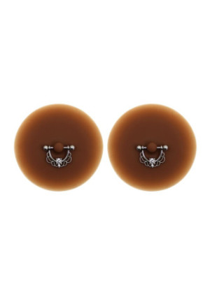 Paire de cache-tétons piercing barre demi-anneau faux diamant peau foncée - XP008F